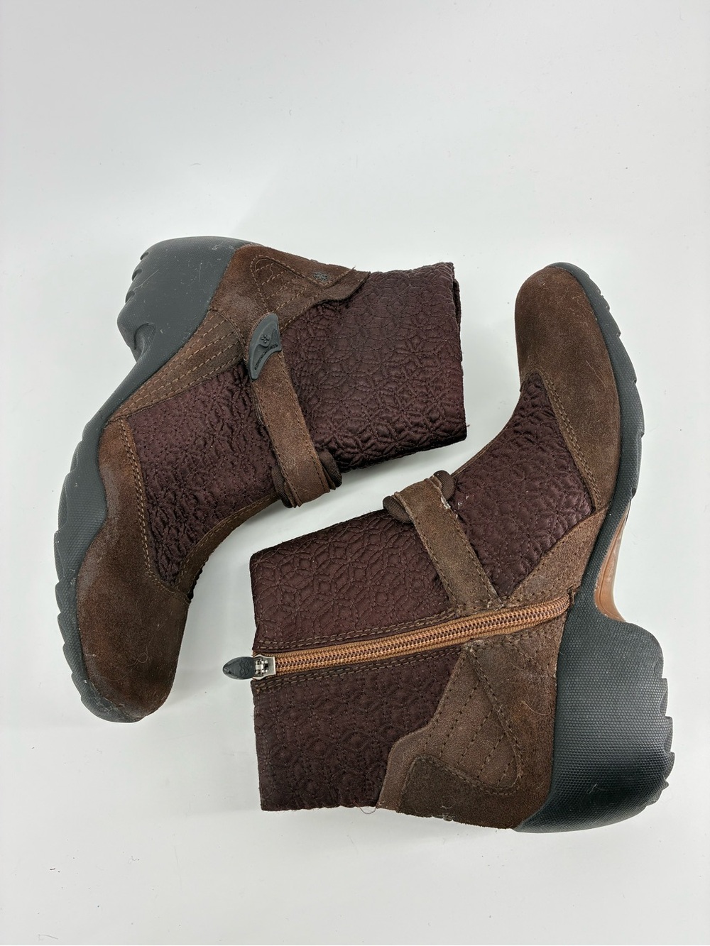 Women’s Brown Quilted Suede Ankle Bootie with Side Zip Wedged Heel